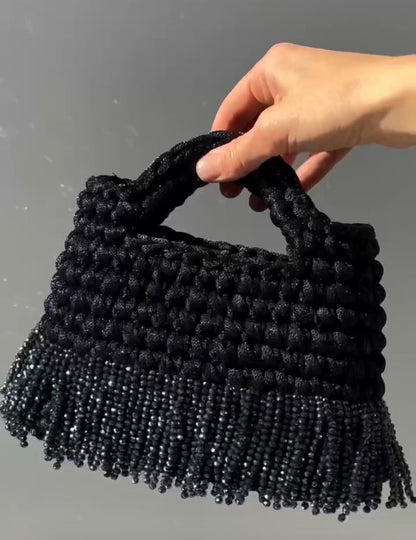 Noir Luxe Crochet Crystal Bag