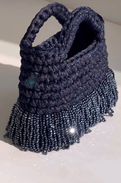 Noir Luxe Crochet Crystal Bag