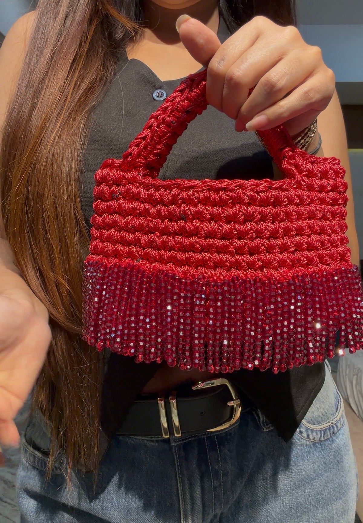 Noir Luxe Crochet Crystal Bag