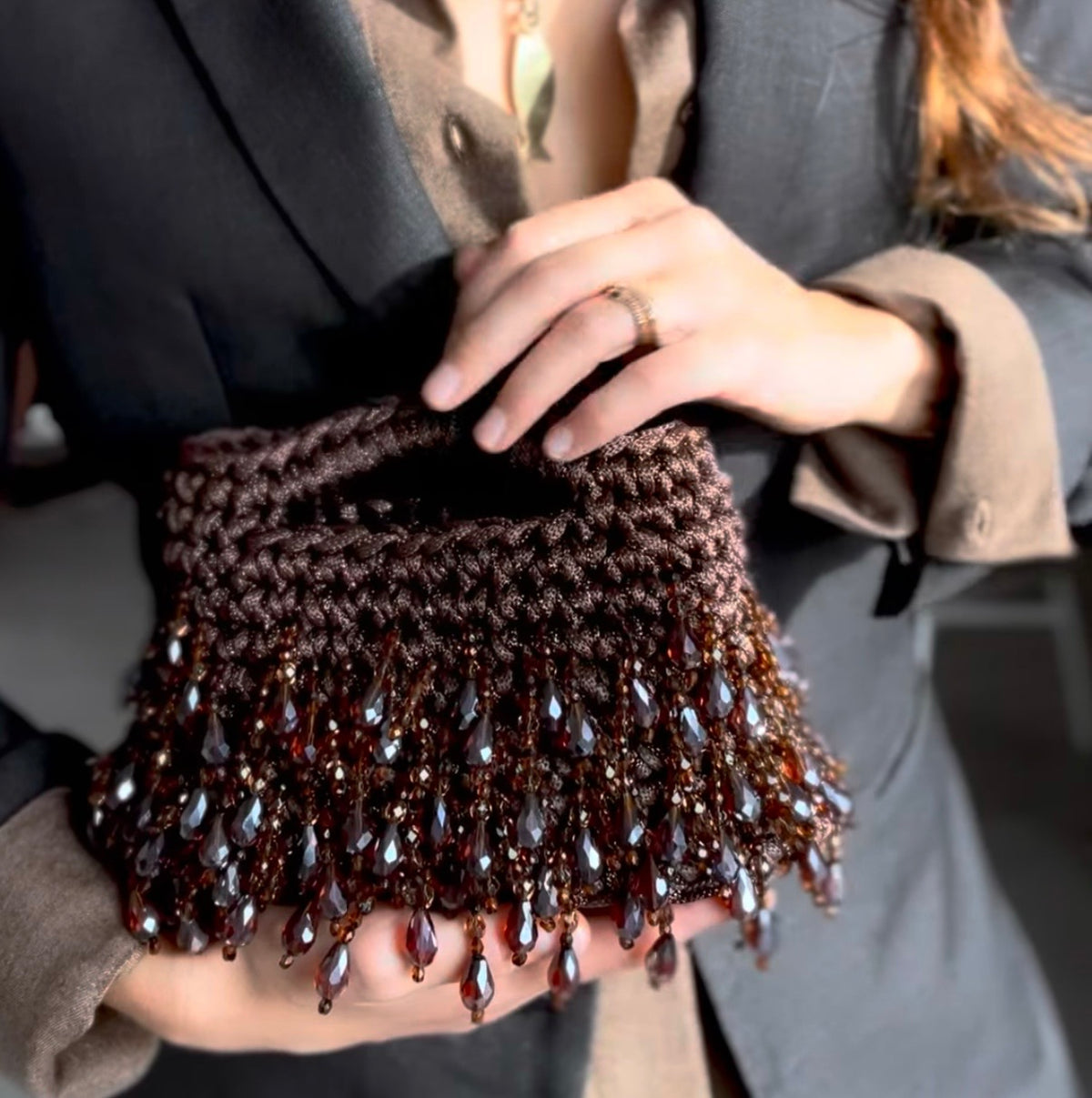 Noir Luxe Crochet Crystal Bag
